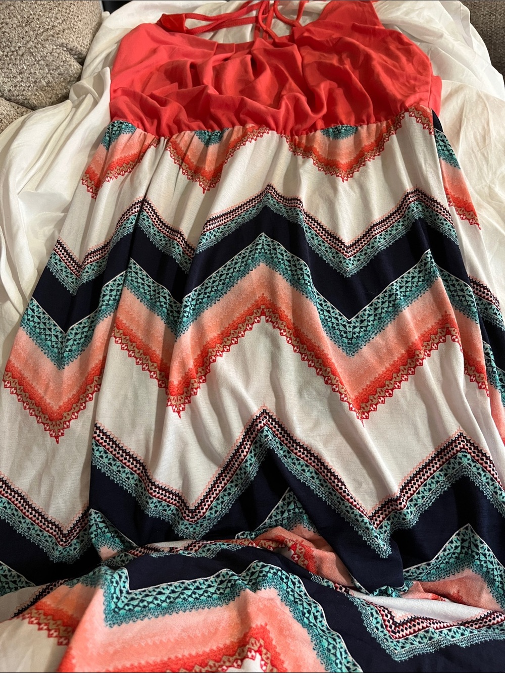Three Hearts Coral, Navy & Teal Chevron Maxi Skirt